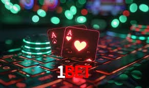 Escena dinámica inspirada en casino con iluminación 1bet, cartas, fichas e íconos de juegos digitales en un espacio moderno de juegos.