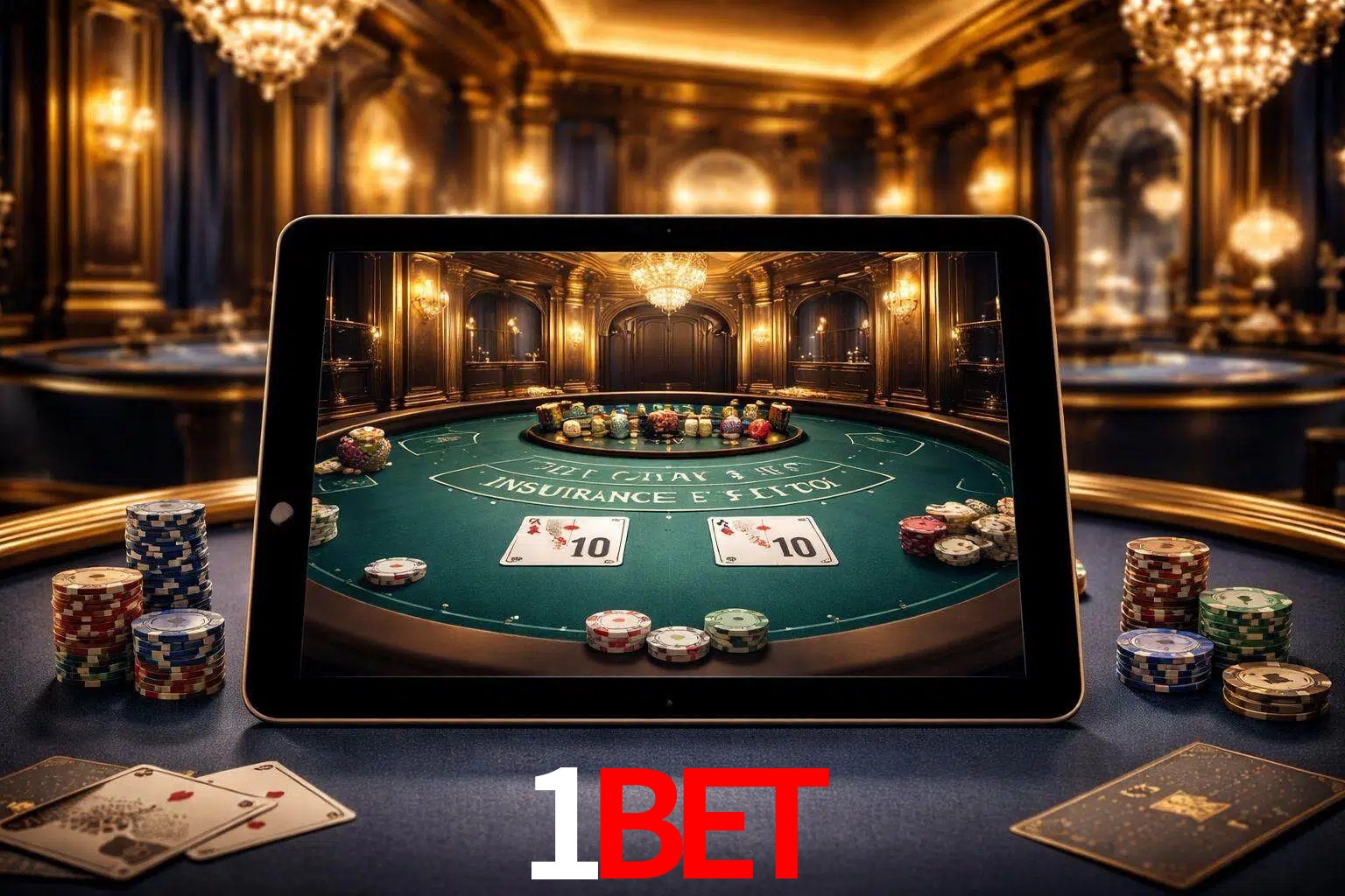 Configuración moderna de casino en vivo con una tableta mostrando una mesa de blackjack, luces cálidas de estudio y una atmósfera elegante de juegos digitales.